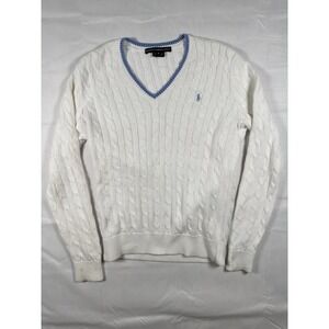 Ralph Lauren Golf Womens M White Cable Knit V-Neck Sweater Blue Pony Cotton